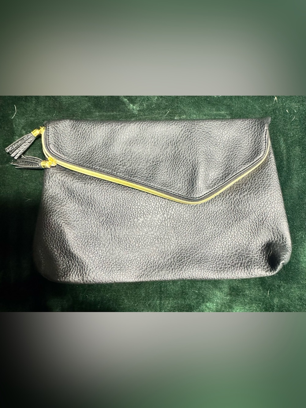 Classic Black Leather Envelope Clutch with Gold Trim